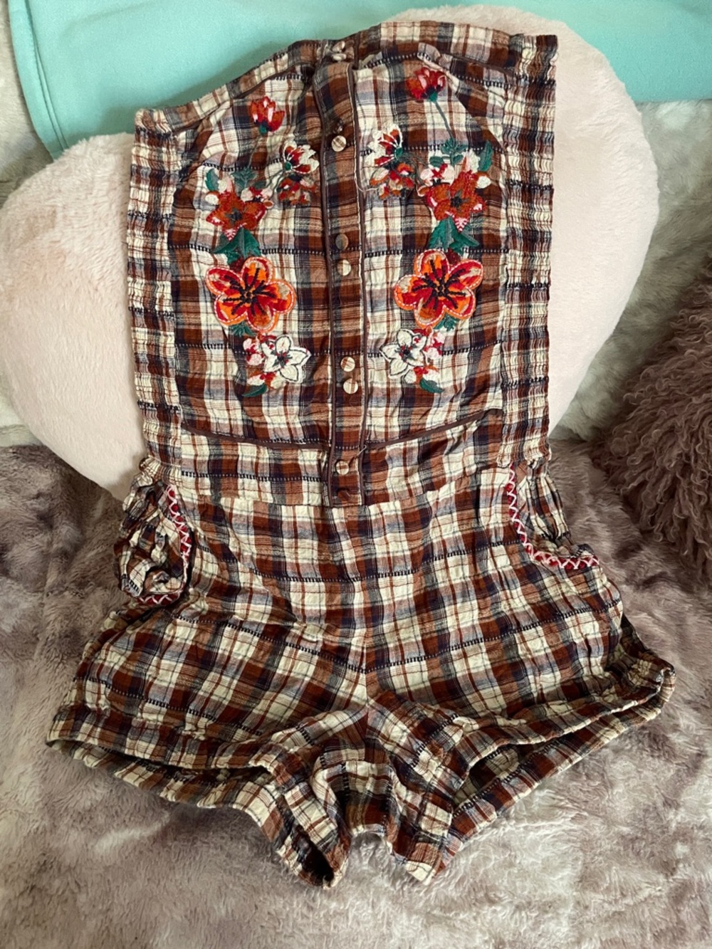 Strapless Plaid Embroidered Romper - Brown Plaid